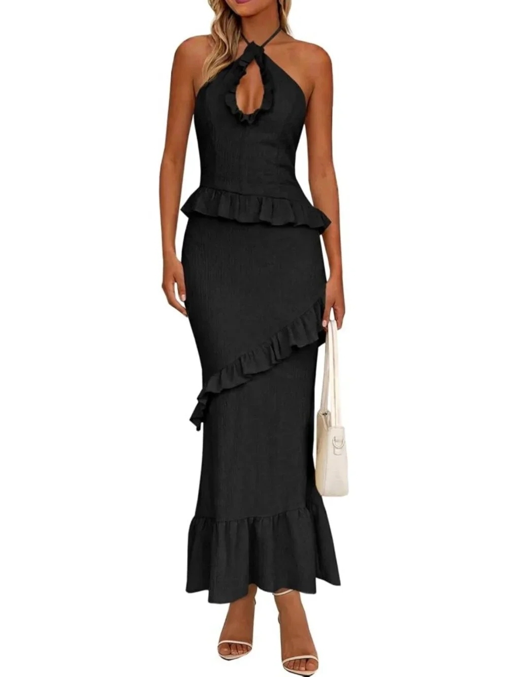 Summer Halter Maxi Dress - Ruffle Tassel Cutout Backless Long Sleeveless Party